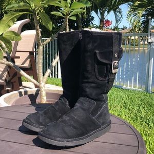 - UGG AUSTRALIA BLACK SUEDE LEATHER BOOTS SHEEPSKIN FUR LINING SIZE US6